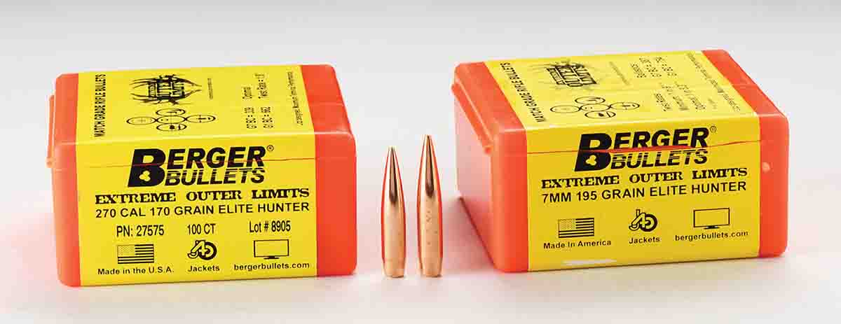 These Berger hunting bullets include a .277-inch diameter 170-grain Elite Hunter  (left) with a G1 ballistic coefficient (BC) of .662 and a sectional density (SD) of .317. The 195-grain .284 EOL Elite Hunter bullet (right) has a .755 BC and a .345 SD.